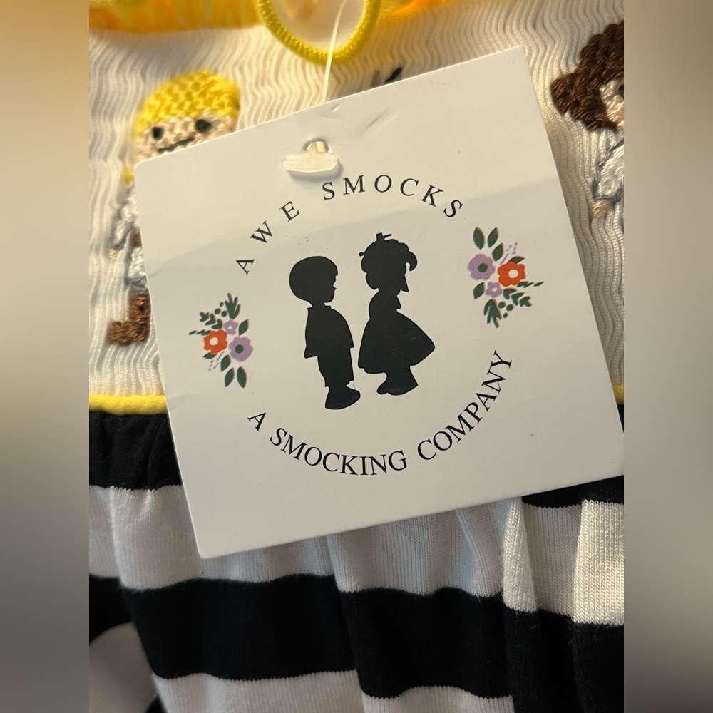 Awe Smocks Star Wats Smocked Stripe Black & White Bubble 1 Piece Yellow Ruffles - Picture 2 of 14